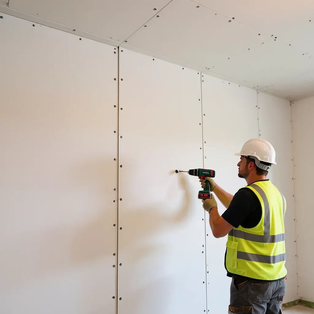 Montador de pladur instalando paredes de yeso en obra interior en Málaga.